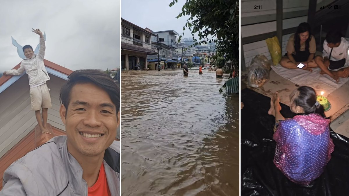 A tri-split image. On the left, Ekkapol Chantawong and a boy stand on a rooftop. In the centre, murky water floods a street. On the right, several people sit on a floor, shielding from the rain in candlelight.