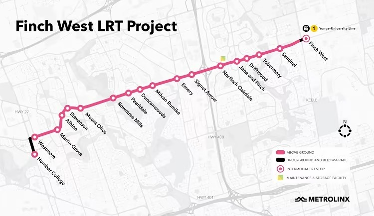 A map showing the Finch West LRT route.