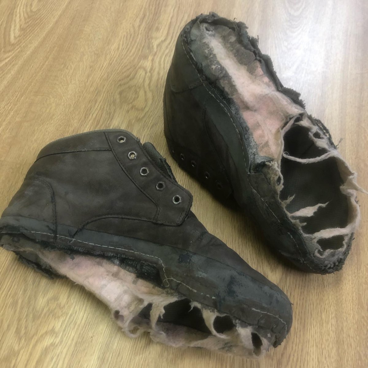 A person living on the streets of Steinbach came into the Steinbach Community Centre wearing these shoes.