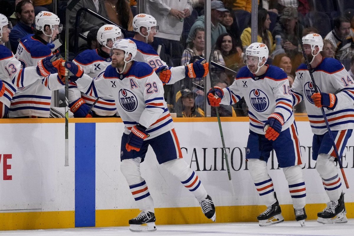 Edmonton Oilers center Leon Draisaitl (29) celebrates his goal with teammates during the second period of an NHL hockey game against the Nashville Predators, Thursday, Oct. 31, 2024, in Nashville, Tenn. (AP Photo/George Walker IV)
George Walker Iv.