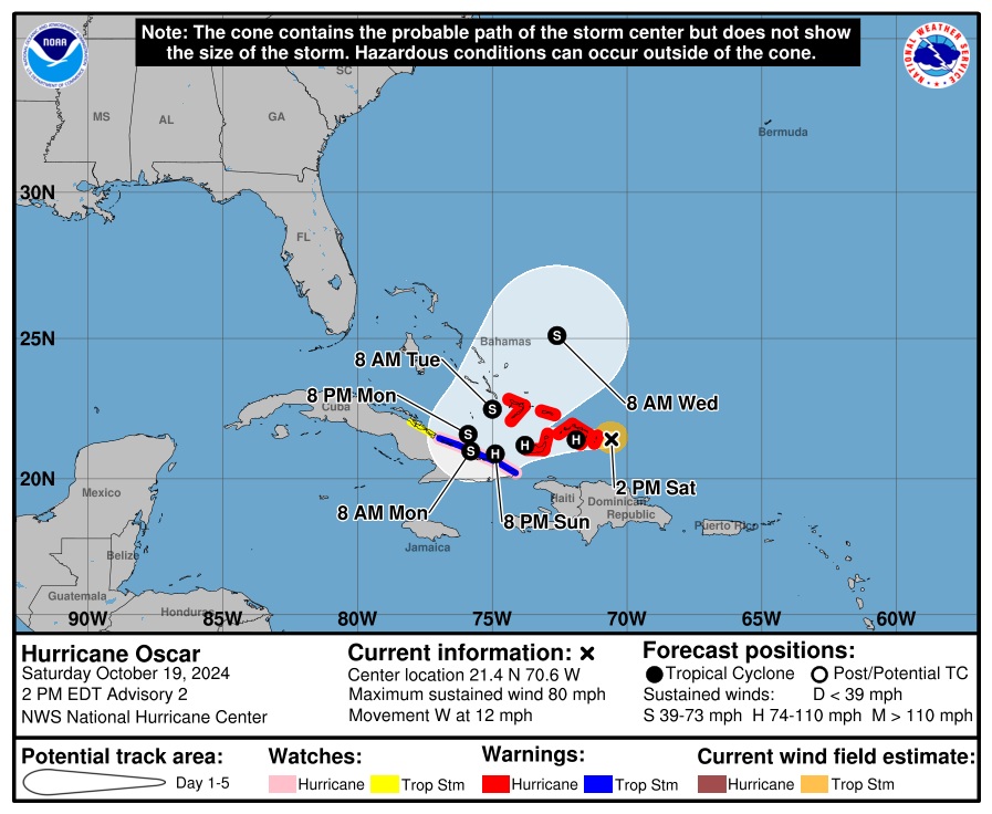 This graphic shows an approximate representation of areas under a hurricane warning (red), hurricane watch (pink), tropical storm warning (blue) and tropical storm watch (yellow). The orange circle indicates the current position of the center of the tropical cyclone. 