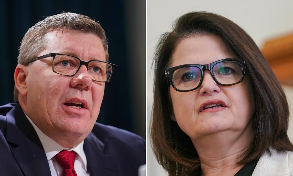 In this composite image made from two file photographs, Saskatchewan Premier Scott Moe, left, and Saskatchewan NDP Leader Carla Beck are shown during press conferences in Regina, both taken Wednesday, March 20, 2024. THE CANADIAN PRESS/Heywood Yu.