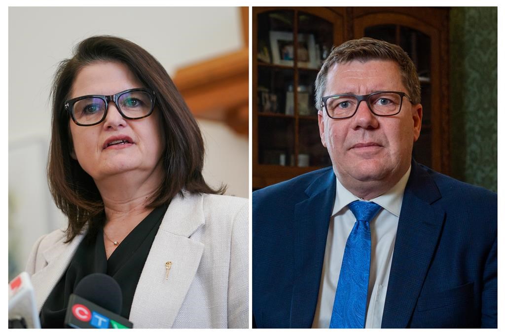 A composite image made from two file photos show Saskatchewan NDP Leader Carla Beck, left, in Regina, Wednesday, March 20, 2024; and Saskatchewan Party Leader Scott Moe in Regina, Monday, Dec. 18, 2023. THE CANADIAN PRESS/Heywood Yu.