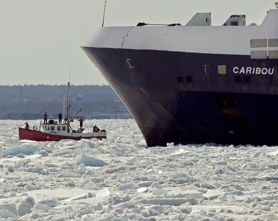 Ferry service between Prince Edward Island and Nova Scotia has been delayed until Oct. 19. The sealing vessel Cathy Erlene, left, is dwarfed by the passenger ferry MV Caribou leaving North Sydney, N.S., on Saturday, March 28, 2009. THE CANADIAN PRESS/Andrew Vaughan.