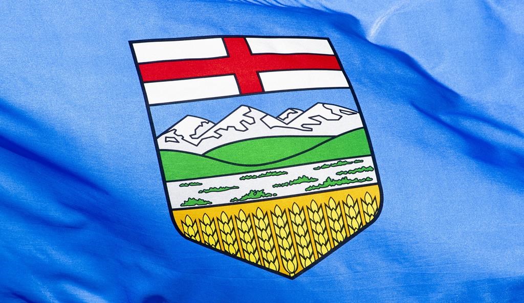 Alberta's provincial flag flies in Ottawa on July 6, 2020.