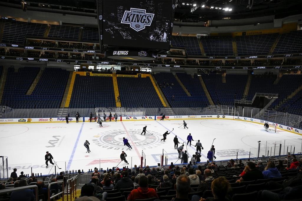 Los Angeles Kings players practice at the Vidéotron Centre Wednesday in Quebec City.