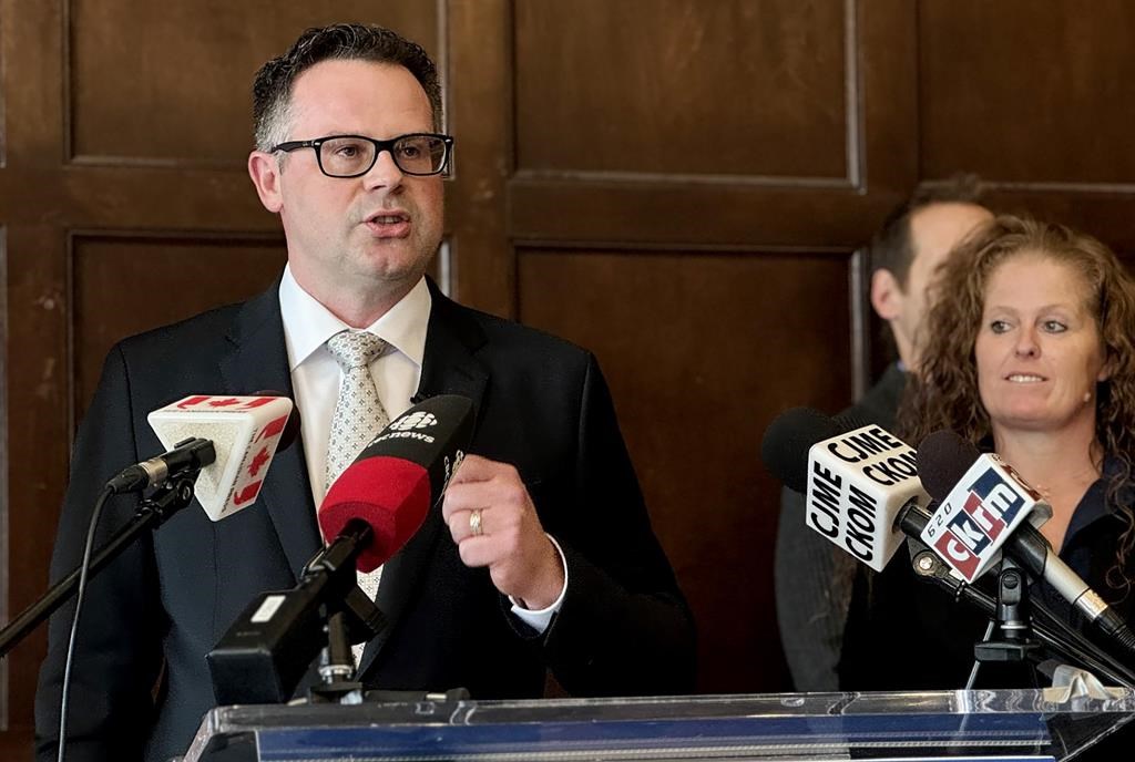 Saskatchewan United Party Leader, Jon Hromek, speaks at a news conference to kick off his election campaign in Regina, on Wednesday Oct. 2, 2024 He has promised to cut the provincial sales tax in half, to three per cent from six per cent, and axe the gas tax. THE CANADIAN PRESS/Jeremy Simes.