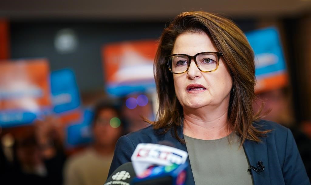 Saskatchewan NDP Leader Carla Beck speaks to the media to launch her party election campaign in Regina, Tuesday, Oct. 1, 2024. THE CANADIAN PRESS/Heywood Yu.