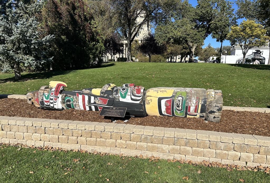 A totem pole that has stood on the grounds of the Manitoba legislature in Winnipeg for more than 50 years has come down, on Monday, Oct.7, 2024.The five-metre-high pole was unveiled in 1971 to mark the 100th anniversary of British Columbia's entry into Confederation. 