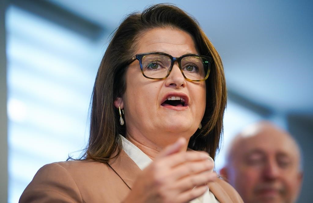 Saskatchewan NDP Leader Carla Beck speaks during a media event in Regina, Friday, Oct. 4, 2024. THE CANADIAN PRESS/Heywood Yu.