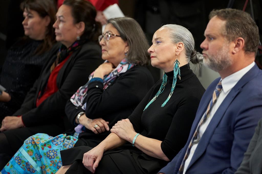 Families Minister Nahanni Fontaine looks on during a press conference in Winnipeg, Monday, Jan. 29, 2024. 