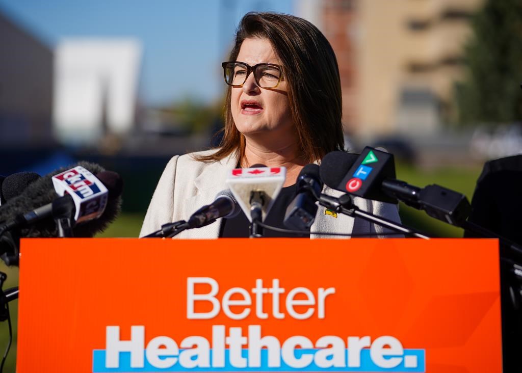 Saskatchewan NDP Leader Carla Beck speaks during an announcement about investment in health care in Regina, Tuesday, Oct. 8, 2024. THE CANADIAN PRESS/Heywood Yu.