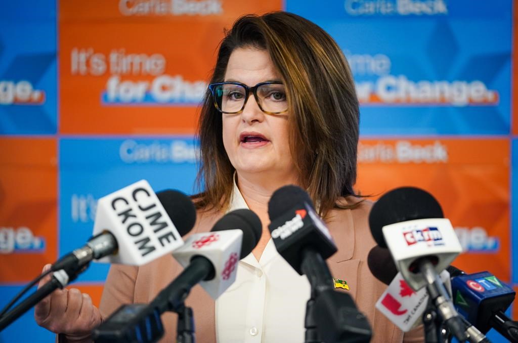 Saskatchewan NDP leader Carla Beck speaks during a media event in Regina, on Friday, Oct. 4, 2024. Beck says she's asking voters to think beyond party politics and support what's best for the province when they go to the polls on Oct. 28. THE CANADIAN PRESS/Heywood Yu.