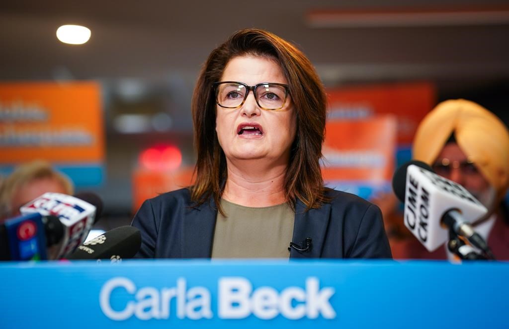 Saskatchewan NDP Leader Carla Beck speaks to the media to launch her party’s election campaign in Regina, Tuesday, Oct. 1, 2024.  THE CANADIAN PRESS/Heywood Yu