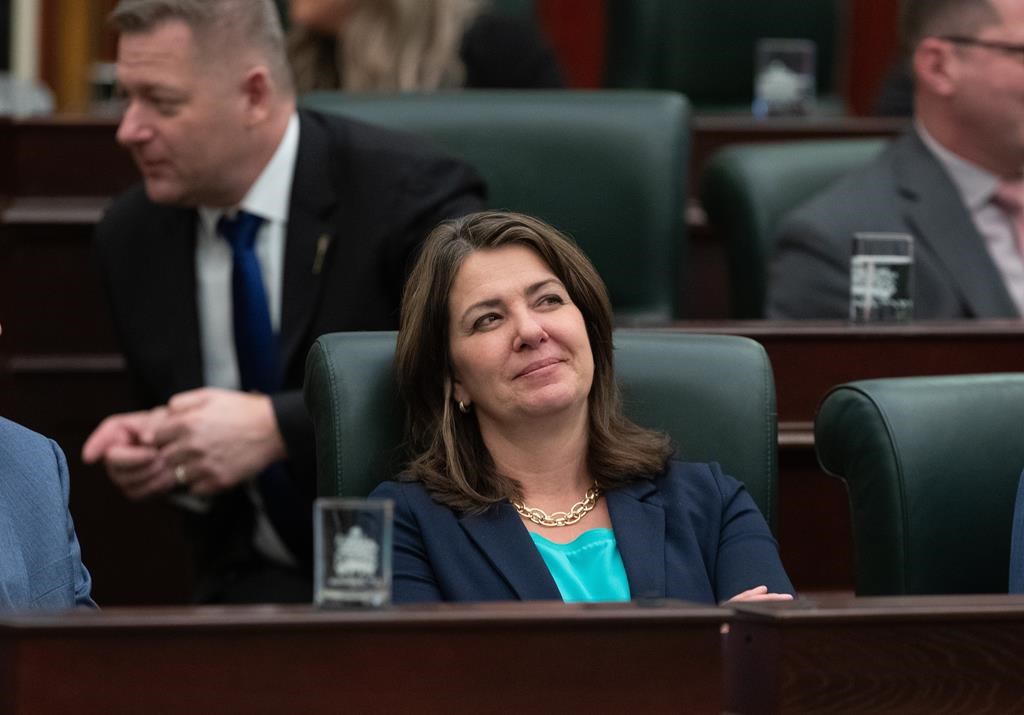 Alberta Premier Danielle Smith looks to the gallery as the 2024 budget is delivered in Edmonton, Thursday, Feb. 29, 2024.