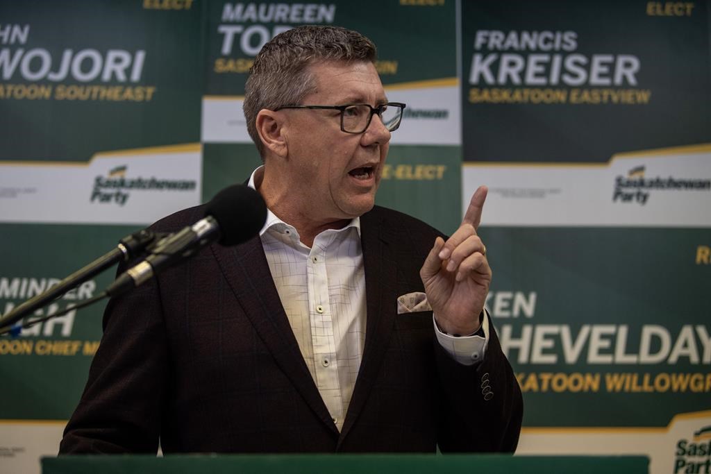 Saskatchewan Party Leader Scott Moe speaks at a media event in Saskatoon on Saturday, Oct. 12, 2024. THE CANADIAN PRESS/Liam Richards.