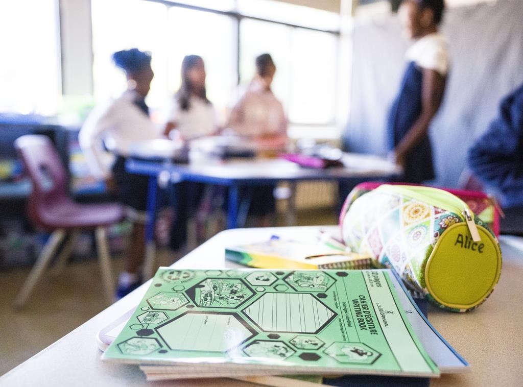 School supplies are seen in a classroom at an elementary school in Montreal, Thursday, Aug. 29, 2024. THE CANADIAN PRESS/Christinne Muschi.