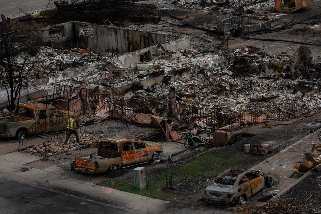 A worker walks in a devastated neighbourhood in west Jasper, Alta., on Aug. 19, 2024.