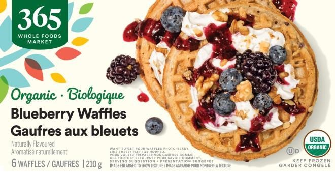 Some frozen waffles sold by Whole Foods Market, as shown in this handout image provided by Canadian Food Inspection Agency, are being recalled in Canada because of possible listeria. The Canadian Food Inspection Agency says the recall was triggered by Horizon Distributors Ltd. and spans organic homestyle and blueberry waffles sold under the 365 Whole Foods Market brand.