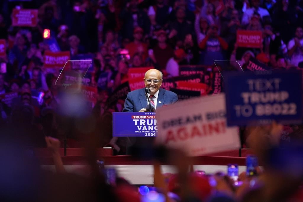 Rudy Giuliani speaks before Republican presidential nominee former President Donald Trump at a campaign rally at Madison Square Garden, Sunday, Oct. 27, 2024, in New York.