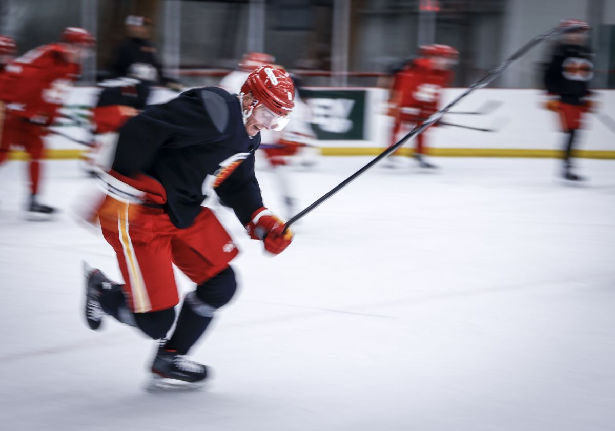 Calgary Flames' Tyson Barrie (8) skates during a training camp practice session in Calgary, Thursday, Sept. 19, 2024.