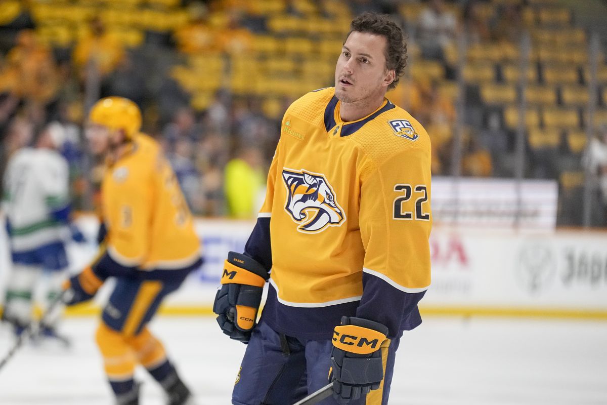 Nashville Predators defenceman Tyson Barrie (22) warms up before the start of Game 6 against the Vancouver Canucks in an NHL hockey Stanley Cup first-round playoff series Friday, May 3, 2024, in Nashville, Tenn.