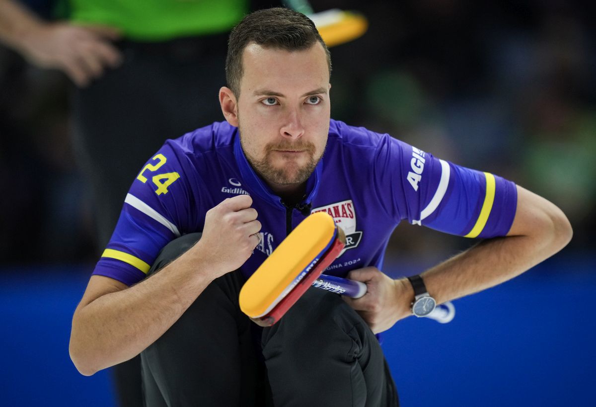 Alberta-Bottcher skip Brendan Bottcher watches his shot while playing Saskatchewan during the semifinal at the Brier, in Regina, on Sunday, March 10, 2024.