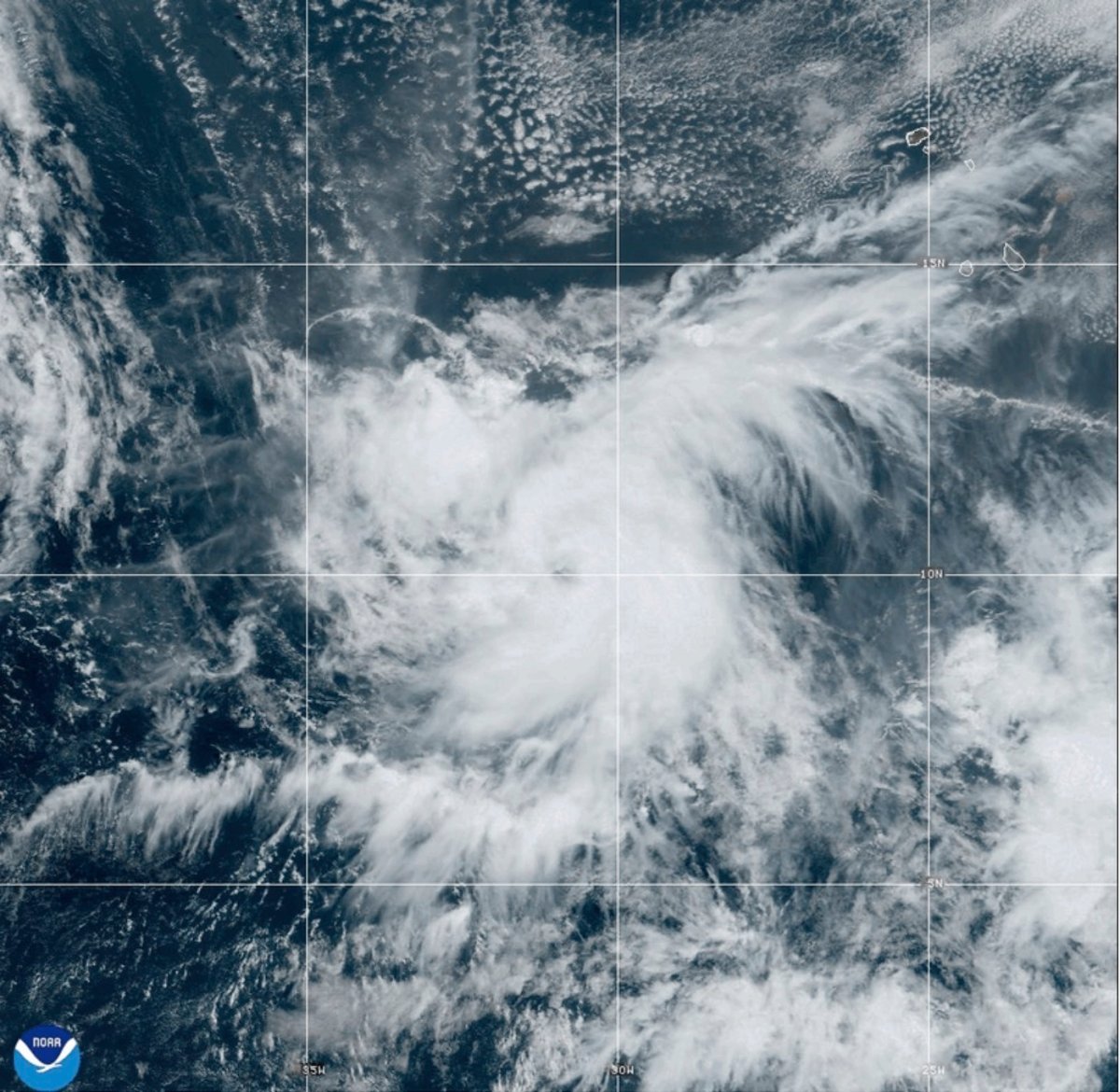 This Satellite image provided by NOAA shows Tropical Storm Leslie, Thursday, Oct. 3, 2024 in the Atlantic Ocean