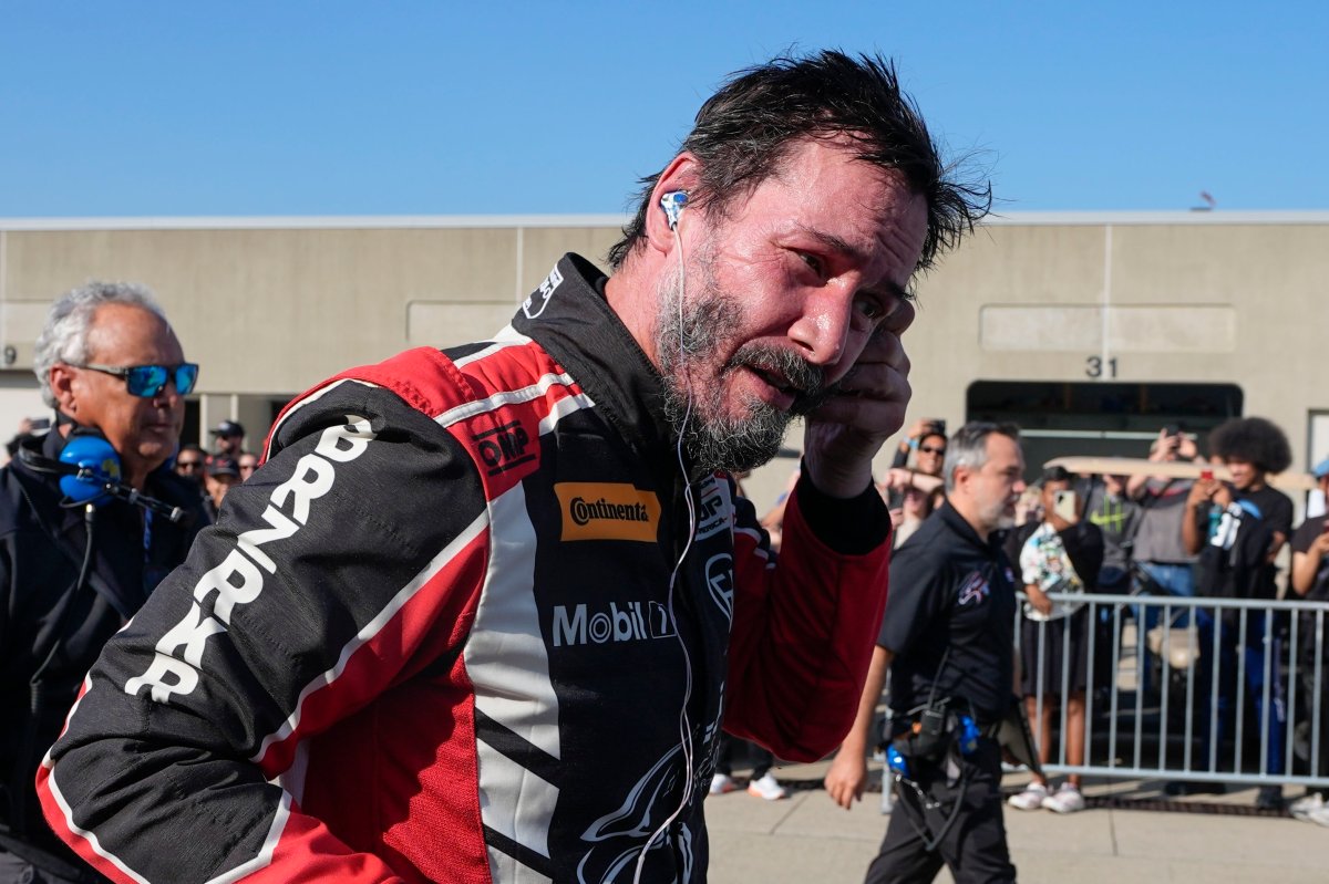 Keanu Reeves drives during the GR Cup Series auto race at Indianapolis Motor Speedway, Saturday, Oct. 5, 2024, in Indianapolis.