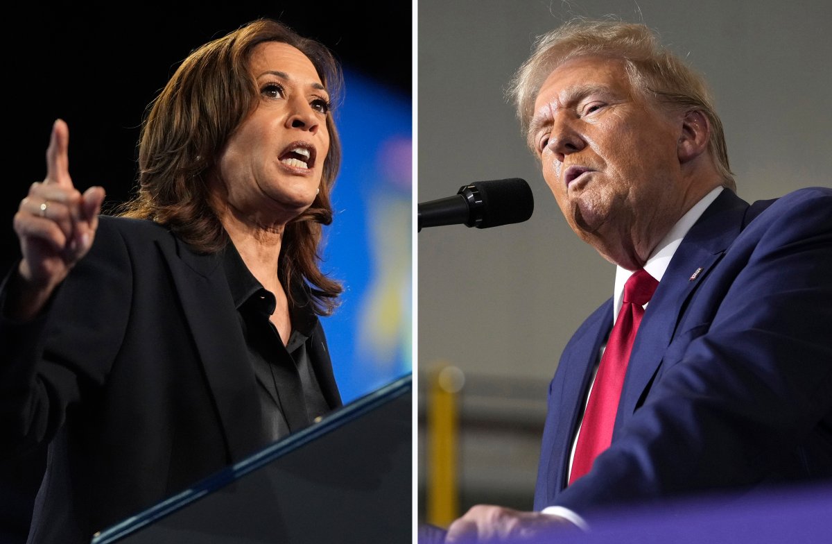 This combination photo shows Democratic presidential nominee Vice President Kamala Harris at a rally in Flint, Mich., Oct. 4, 2024, left, and Republican presidential nominee former President Donald Trump at a campaign rally in Walker, Mich., Sept. 27, 2024. 