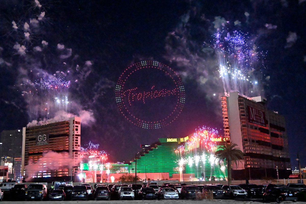 Fireworks are launched before the Tropicana Las Vegas towers were imploded, Wednesday, Oct. 9, 2024, in Las Vegas.