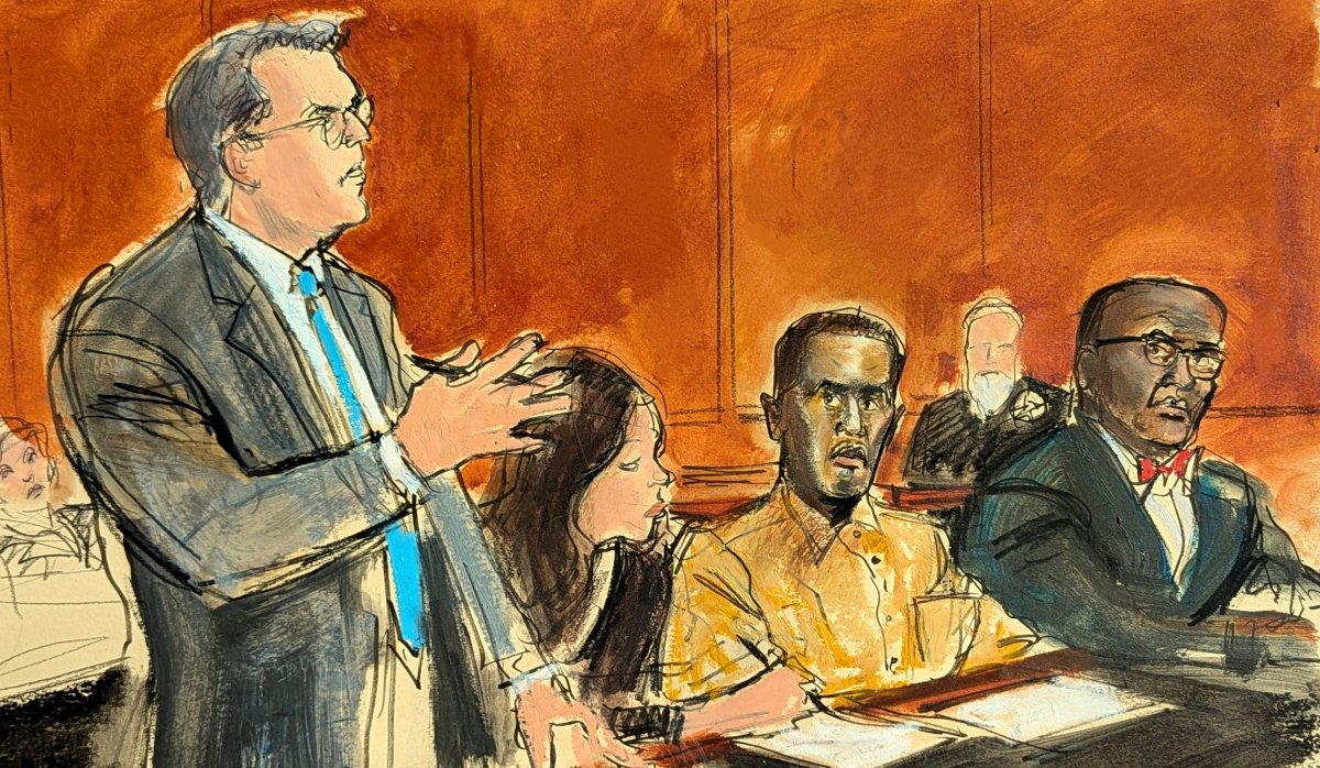 A court sketch of Diddy and his lawyers.