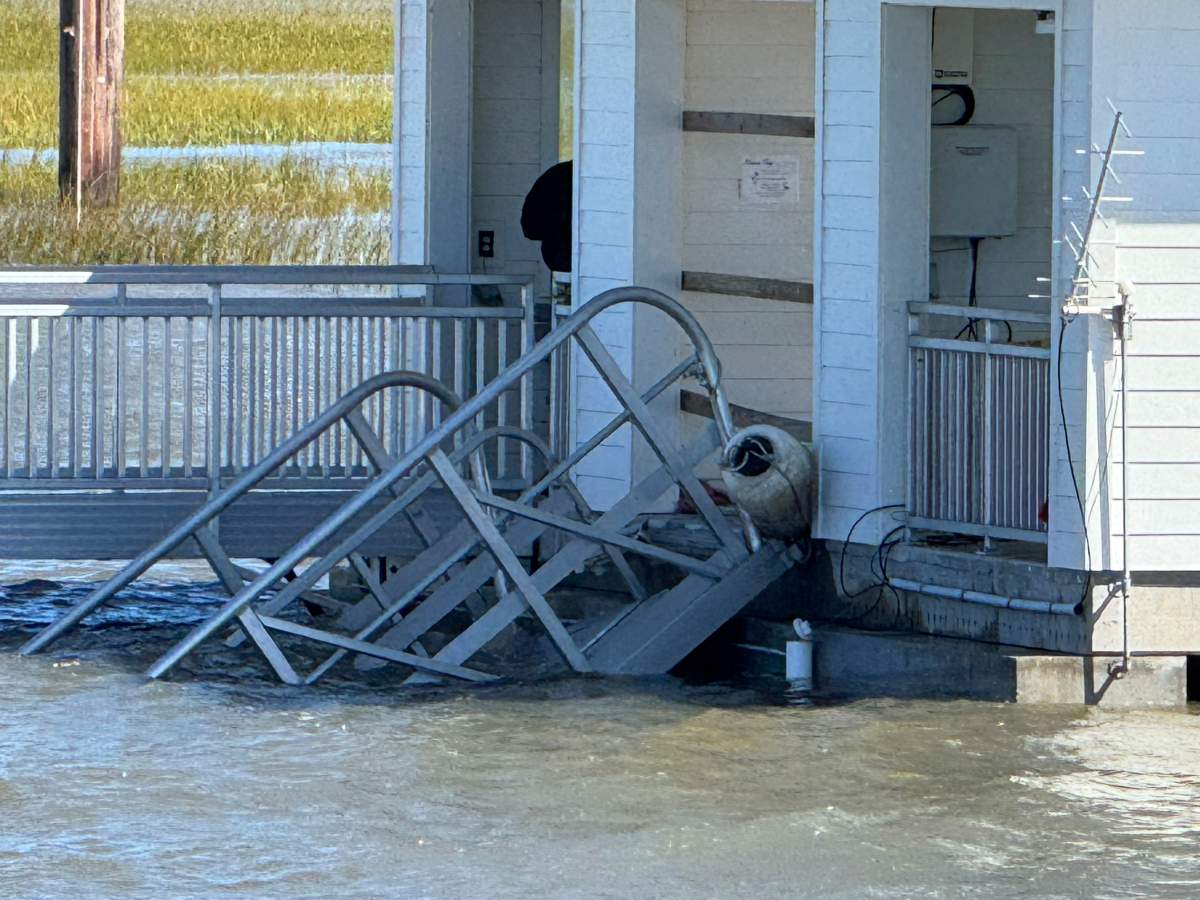 A portion of the gangway which collapsed Saturday afternoon remains visible on Sapelo Island in McIntosh county, Ga., Sunday, Oct. 20, 2024.
