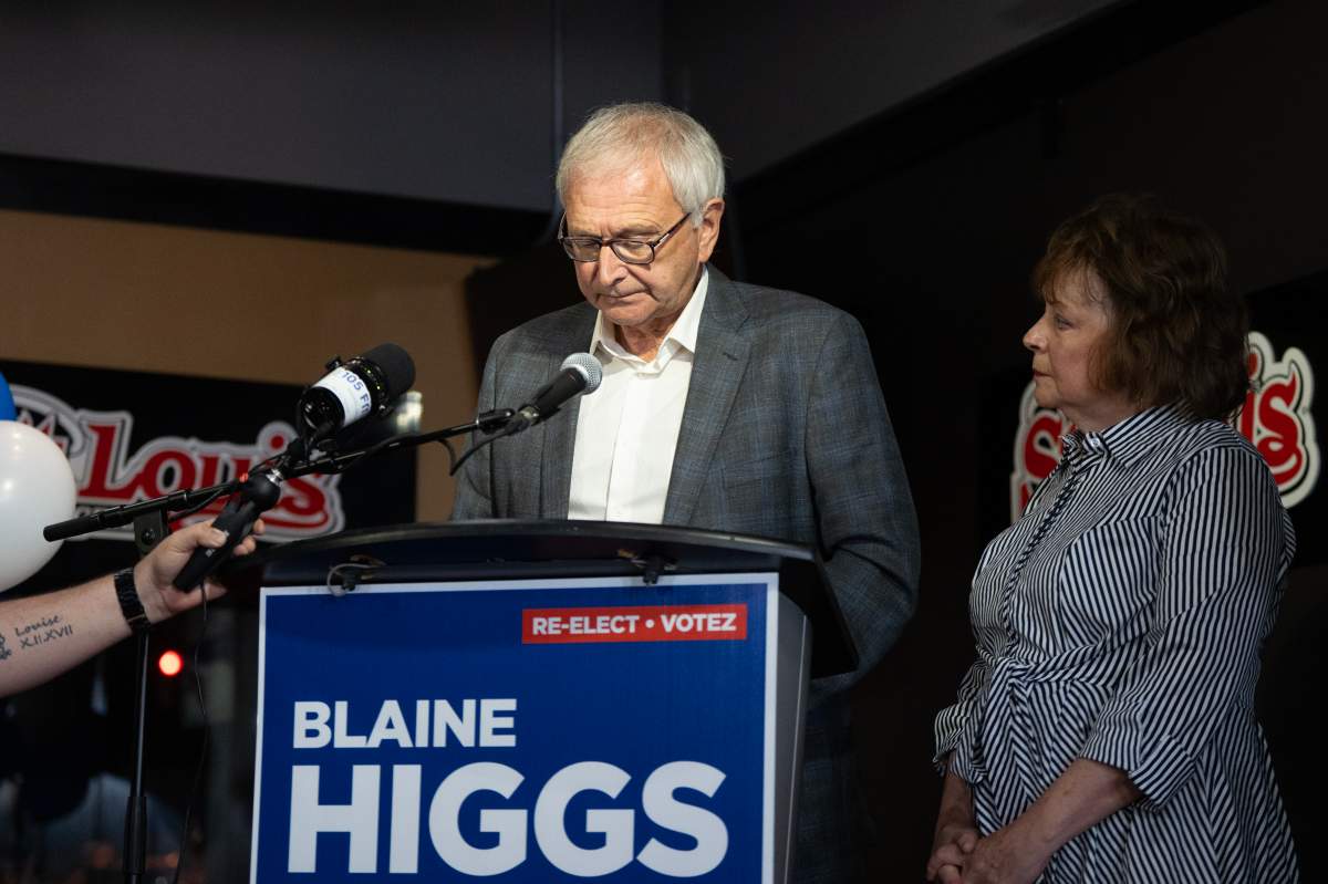 New Brunswick Progressive Conservative Party Leader Blaine Higgs delivers a concession speech with his Marcia Higgs in Quispamsis, N.B., following the results of the provincial election, Monday, Oct. 21, 2024. THE CANADIAN PRESS/Darren Calabrese