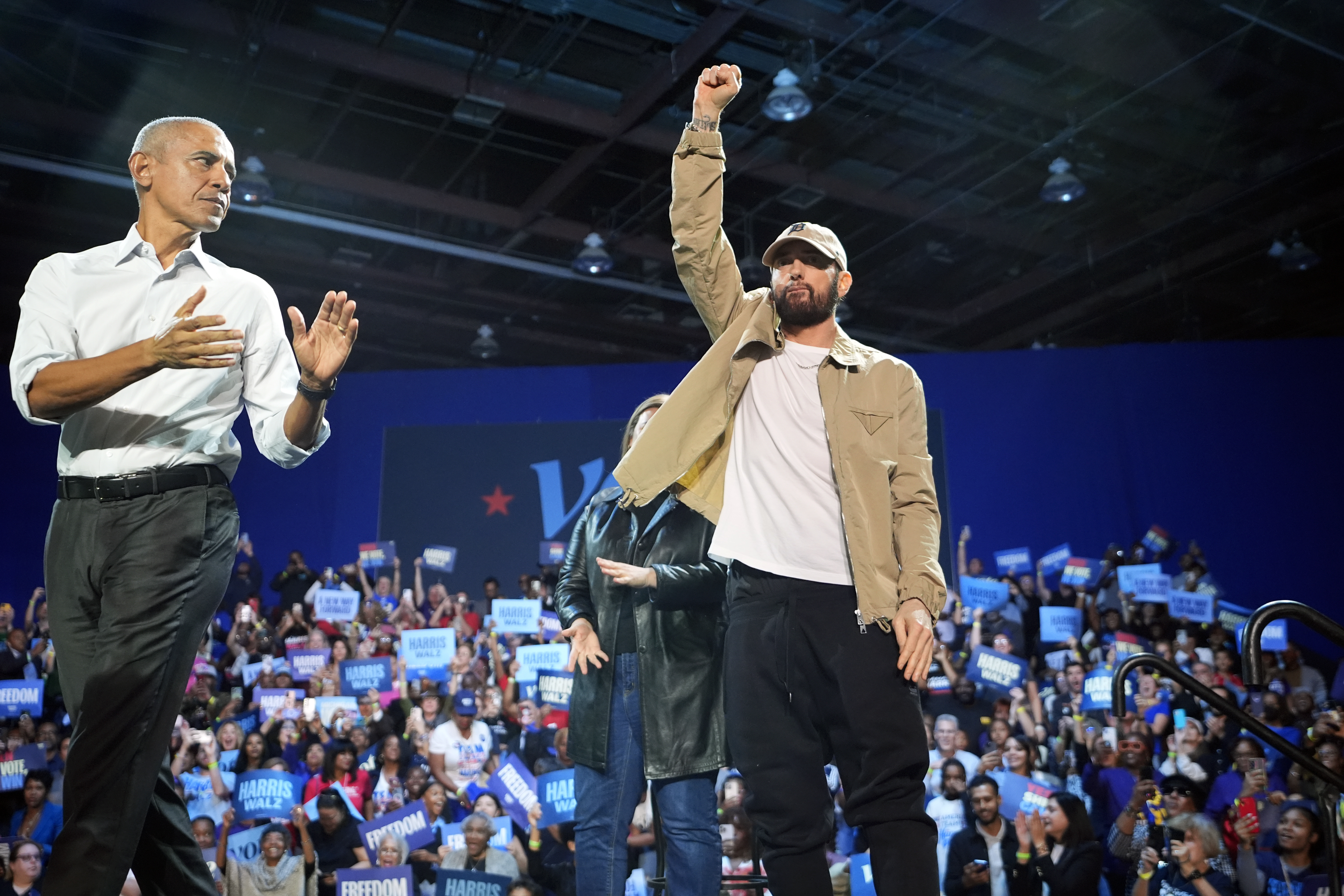 Obama raps Eminem’s ‘Lose Yourself’ as both rally for Kamala Harris in Detroit