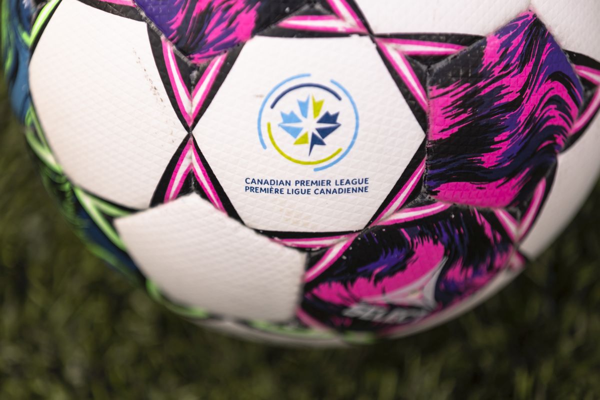 The Canadian Premier League logo is seen on a game ball at Tim Hortons Field in Hamilton, Tuesday, May 9, 2023.