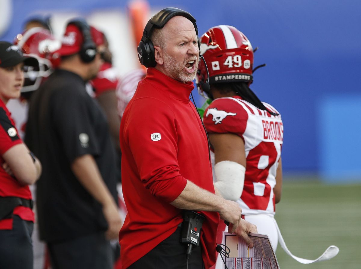 Calgary Stampeders head coach Dave Dickenson yells at a referee during first half CFL pre-season action against the Winnipeg Blue Bombers in Winnipeg Friday, May 31, 2024.