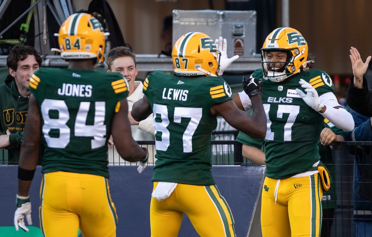 Elks receivers Eugene Lewis, Tevin Jones, and Dillon Mitchell celebrate a touchdown against the Saskatchewan Roughriders on Saturday, October 5, 2024