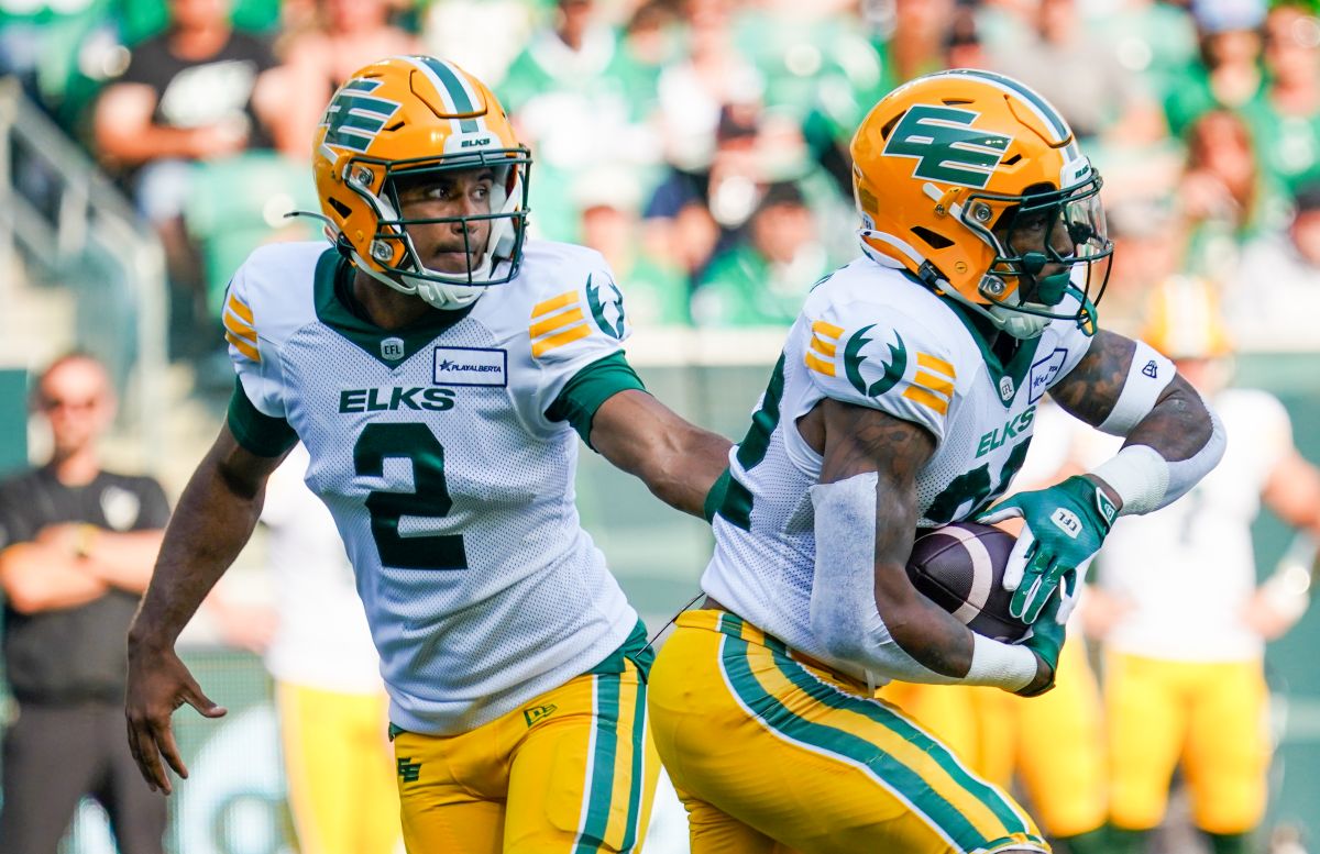 Edmonton Elks quarterback Tre Ford (2) hands off to running back Javon Leake (22) during the first half of CFL football action against the Saskatchewan Roughriders in Regina, on Saturday, August 3, 2024.