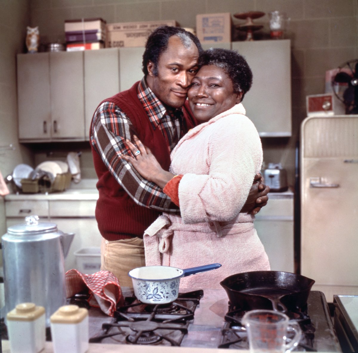 A 1977 photo showing John Amos (as James Evans, Sr.) and Esther Rolle (as Florida Evans) in the CBS television situation comedy, 'Good Times.'