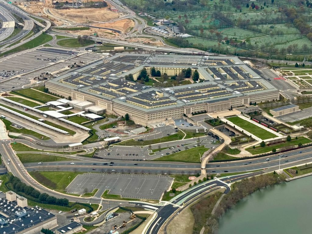 Aerial view of the Pentagon in Arlington, Va., on March 31, 2024. Home to the US Defense Department, the Pentagon is one of the world's largest office buildings.