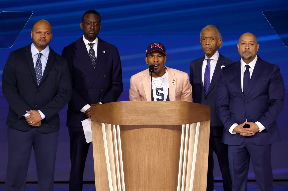 Central Park Five member Korey Wise speaks alongside Kevin Richardson, Yusef Salaam and Raymond Santana and Rev. Al Sharpton at the Democratic National Convention on Aug. 22, 2024, in Chicago, Ill.