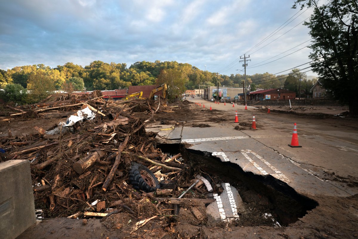 Flood damage at a bridge across Mill Creek in the aftermath of Hurricane Helene on September 30, 2024 in Old Fort, North Carolina.