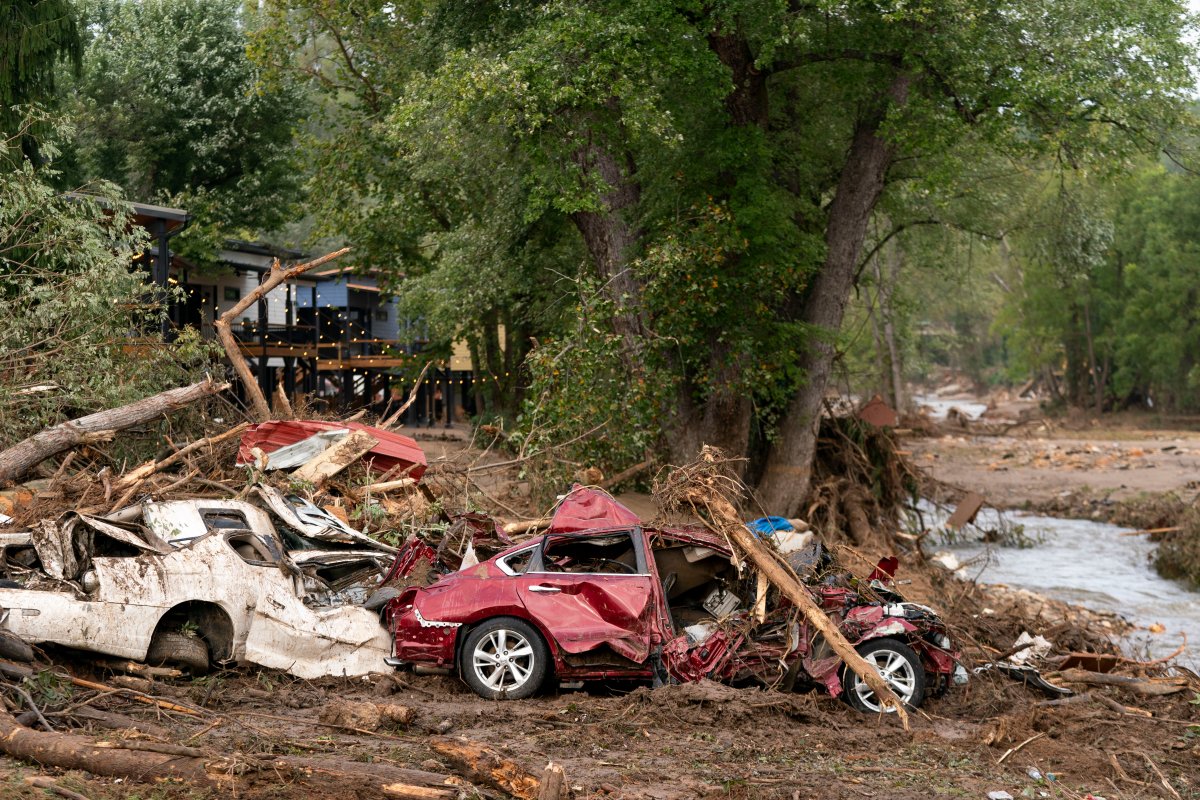 Flood damage is seen along Mill Creek in the aftermath of Hurricane Helene on September 30, 2024 in Old Fort, North Carolina.