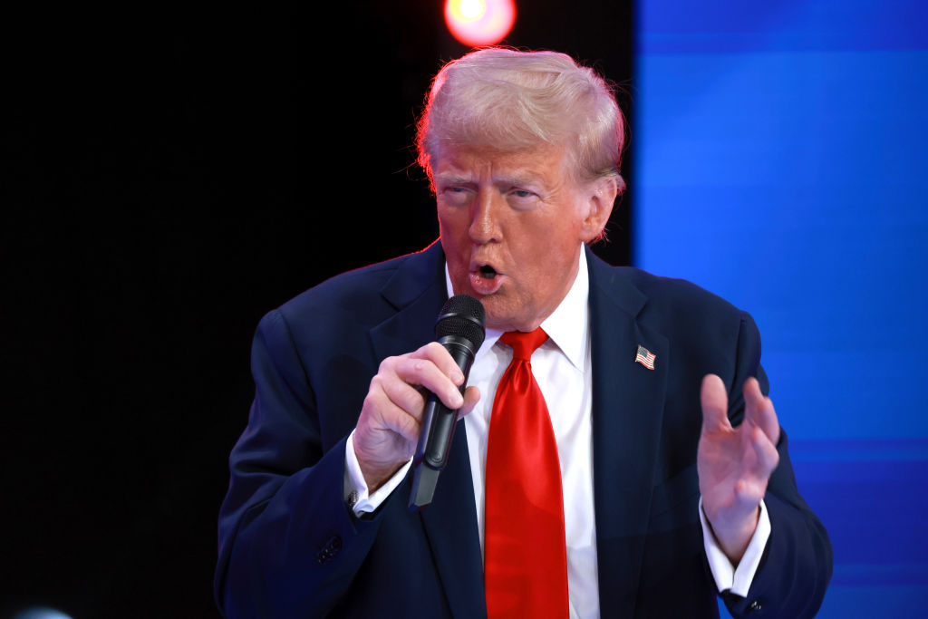 Republican presidential nominee, former U.S. President Donald Trump speaks during a Univision Noticias town hall event on October 16, 2024 in Doral, Florida. Trump addressed undecided Latino voters as he continues campaigning against his rival, Democratic presidential nominee, U.S. Vice President Kamala Harris.