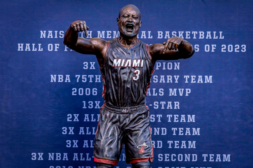 A close up of the newly unveiled Dwyane Wade in front of Kaseya Center on Sunday, Oct. 27, 2024, in Miami.