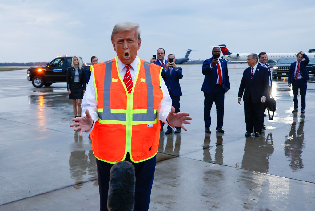 Republican presidential nominee, former President Donald Trump speaks to the media at Green Bay Austin Straubel International Airport on October 30, 2024 in Green Bay, Wisconsin.