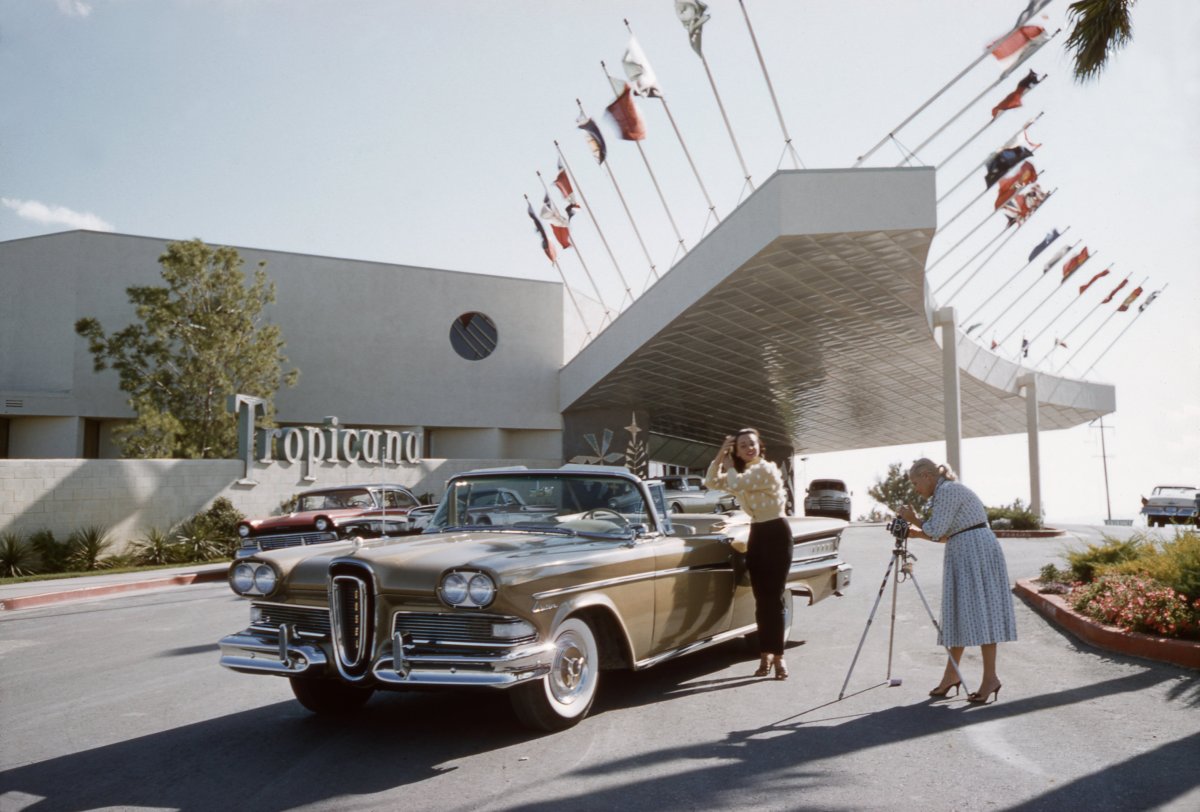 Actress and model Kitty Dolan poses next to a 1958 Ford Edsel Citation outside The Tropicana Hotel in 1958 in Las Vegas, Nevada.