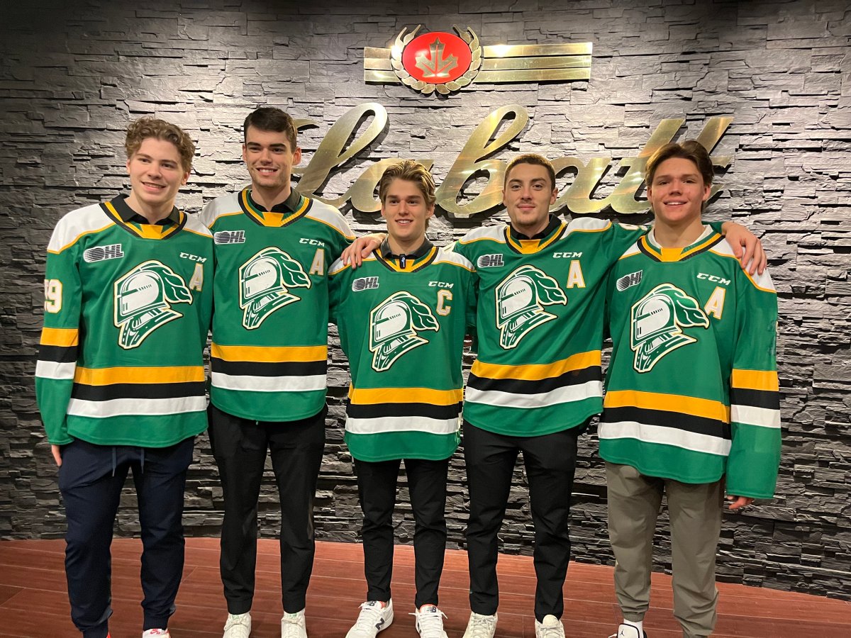 The London Knights 2024-25 leadership group (L-R) Oliver Bonk, Jacob Julian, Denver Barkey, Landon Sim, Easton Cowan.