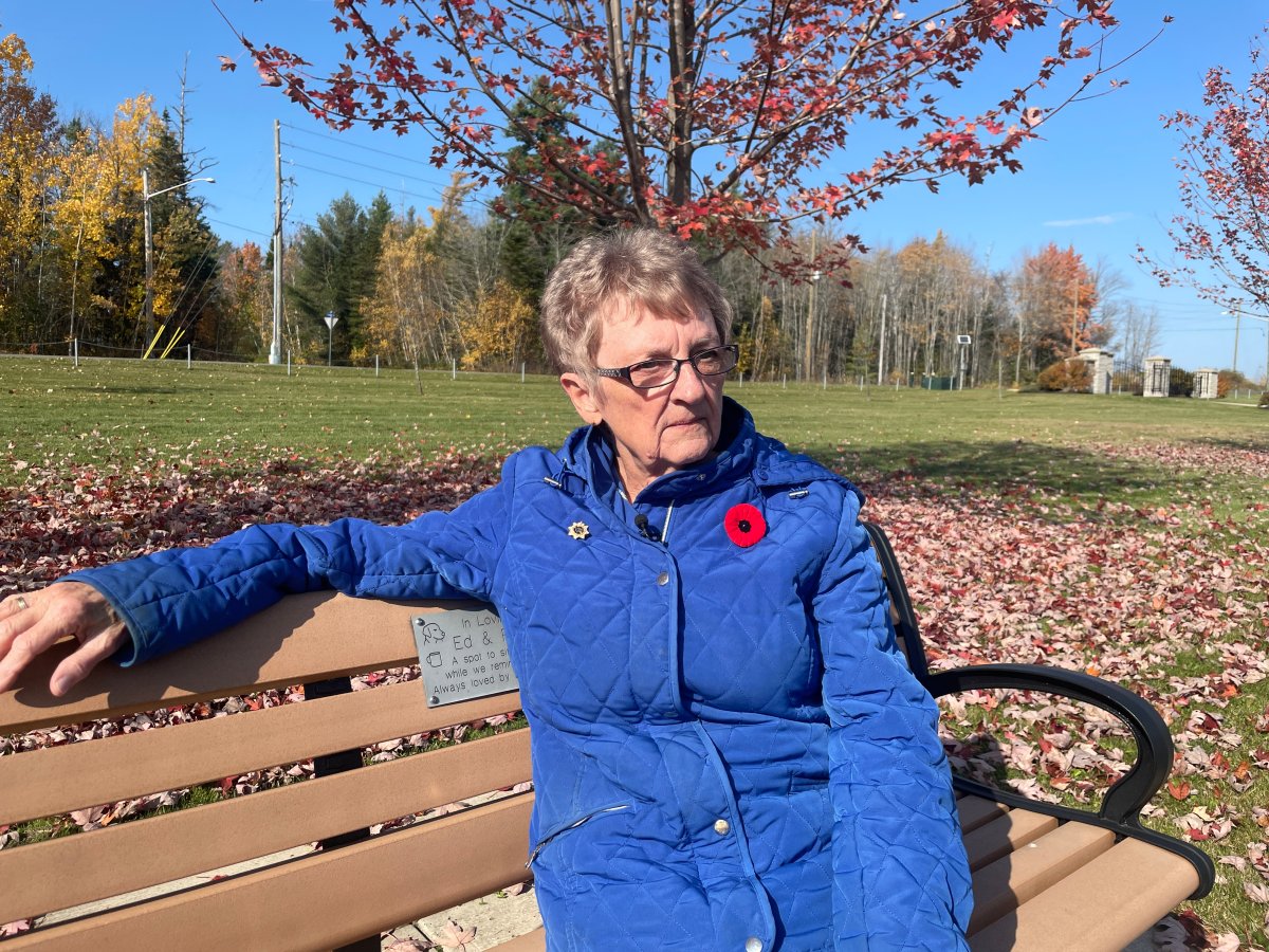 a woman with grey hair wearing a red poppy on a blue coat sits on a wooden park bench